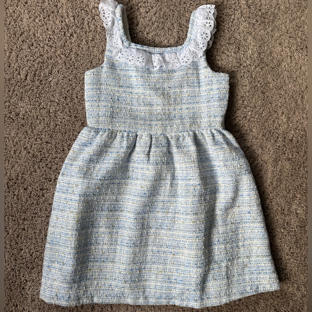 Janie and Jack tweed light blue dress with ribbon trim along top